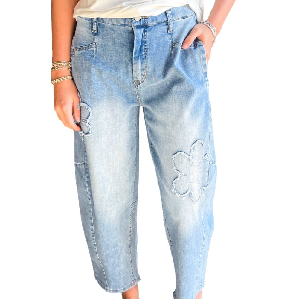 B299 RESTOCKED Beau Blue Light Wash Floral Pocketed High Waist Jeans - Picture 4 of 4